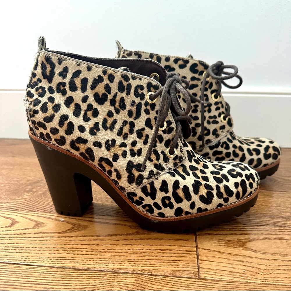 Sperry Top Sider Pony Hair Princeton Leopard Print Ankle Heeled Boot Size 8